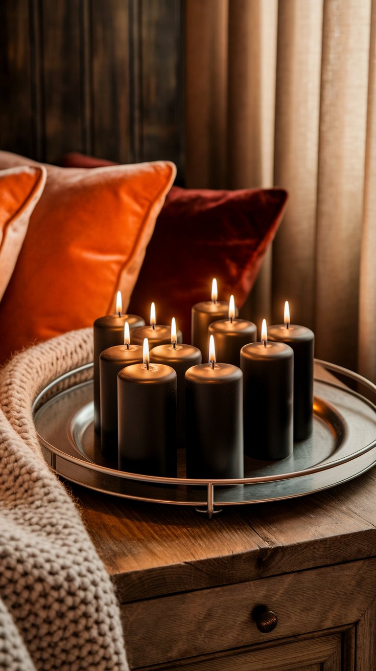 A tray holding nine lit black pillar candles on a rustic wood nightstand, with cozy burnt-orange and burgundy velvet pillows and a chunky knit throw in the background.