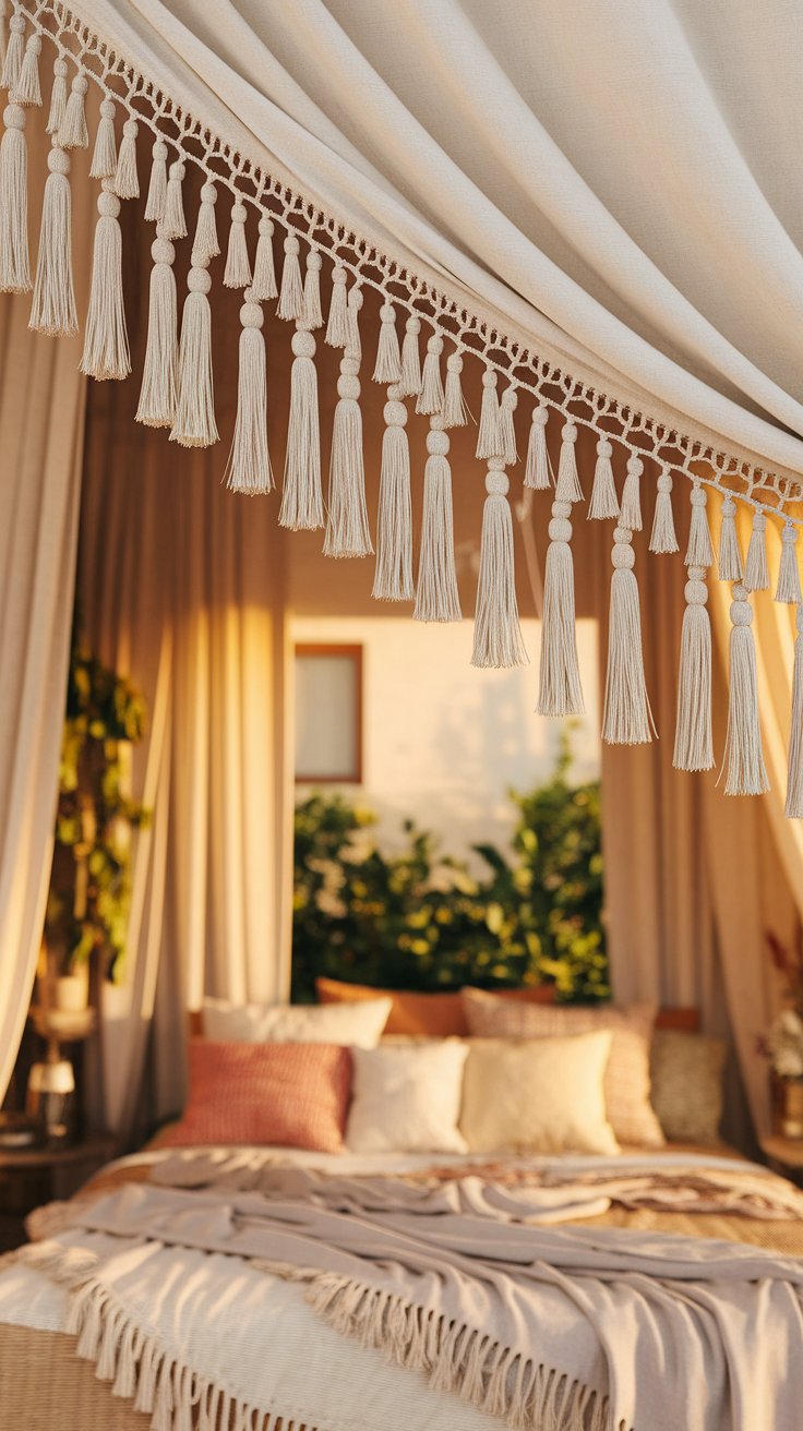 Close-up of cream-colored tassel fringe hanging from a canopy curtain above a cozy outdoor bed with soft throw pillows and layered blankets.