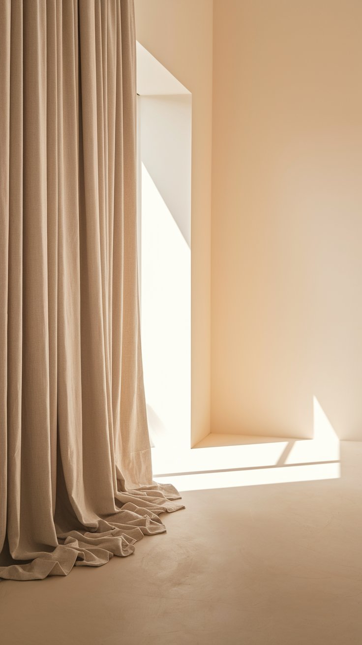 Tall, soft canvas curtains in a creamy white shade pooling slightly on a minimal floor, lit by strong angular sunlight from a nearby corner window.
