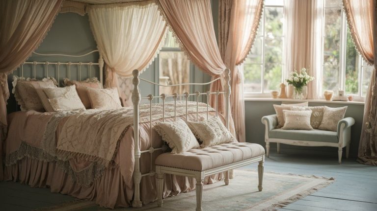 A charming vintage bedroom decorated in shabby chic style, featuring a white metal canopy bed draped with blush pink and ivory lace curtains. The bed is layered with ornate, ruffled bedding and embroidered pillows, paired with a tufted bench at the foot. A soft pastel rug, a vintage loveseat with decorative cushions, and sheer curtains that let in natural light complete the cozy, romantic look.