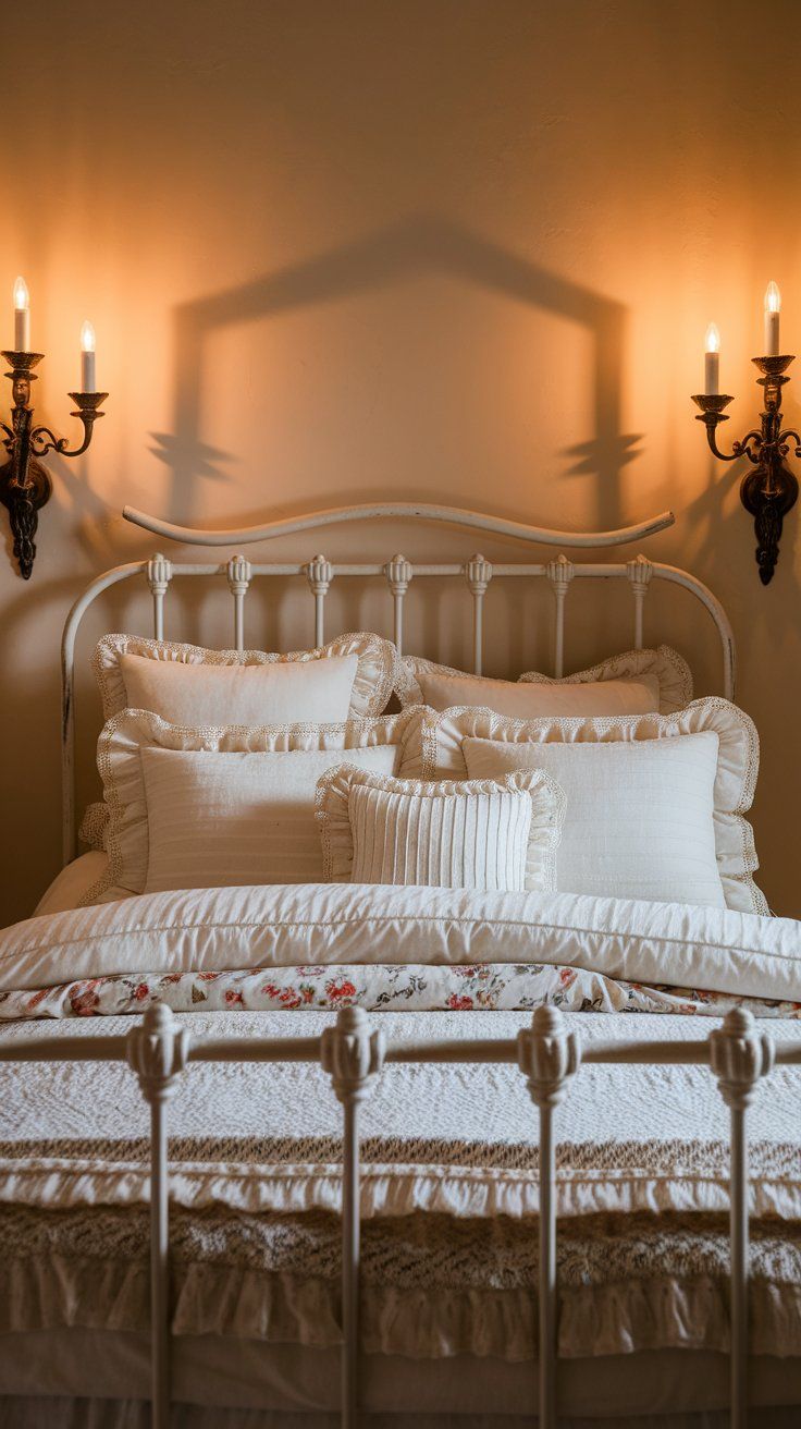 A cozy vintage bed with a curved white metal frame, layered with plush white and ivory bedding adorned with ruffles and lace. The bed is framed by warm wall sconces casting a dramatic shadow that echoes a canopy shape above.