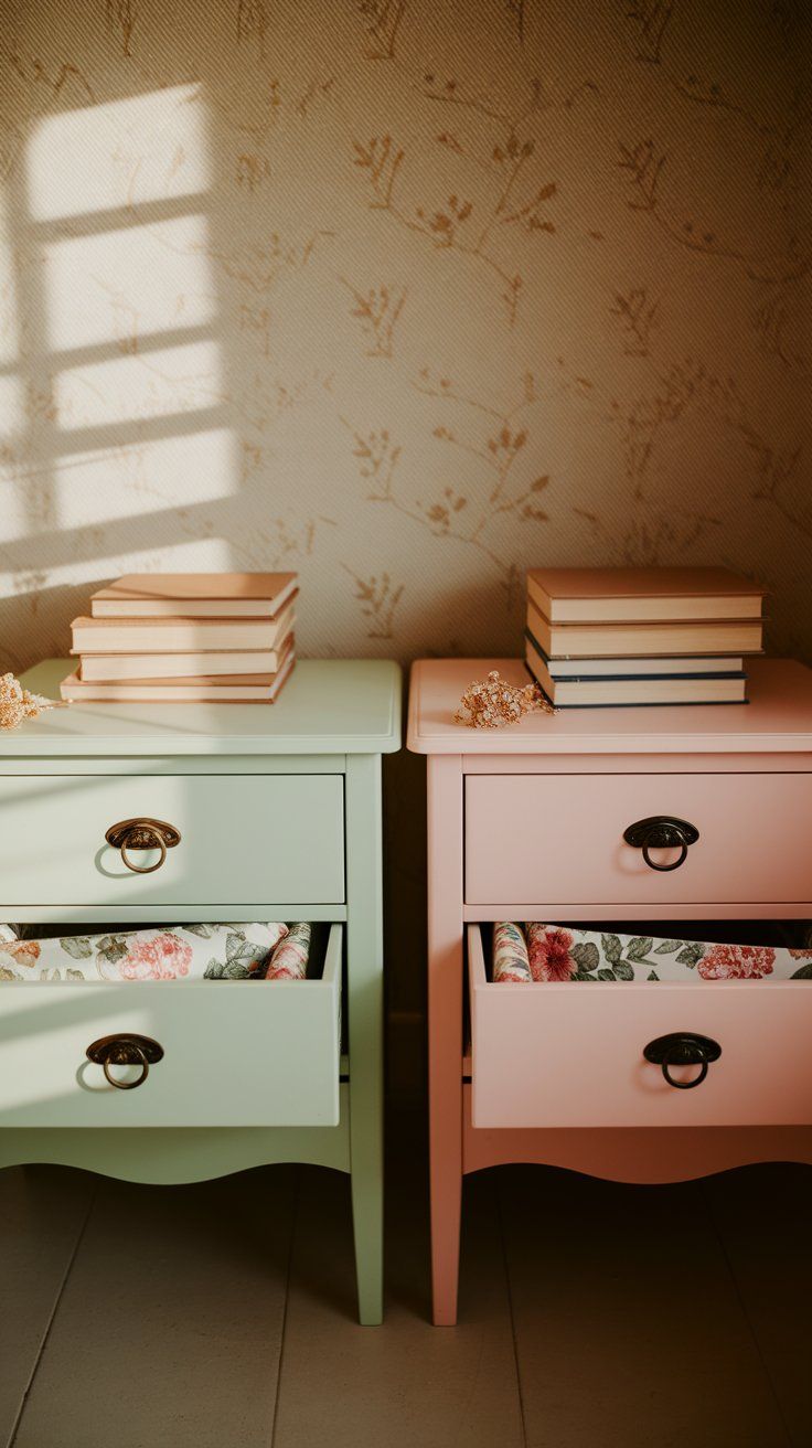 Two shabby chic nightstands, one mint green and one blush pink, each with open drawers lined in floral paper and stacked with hardcover books. Soft golden light from a nearby window adds warmth to the floral wallpaper backdrop.