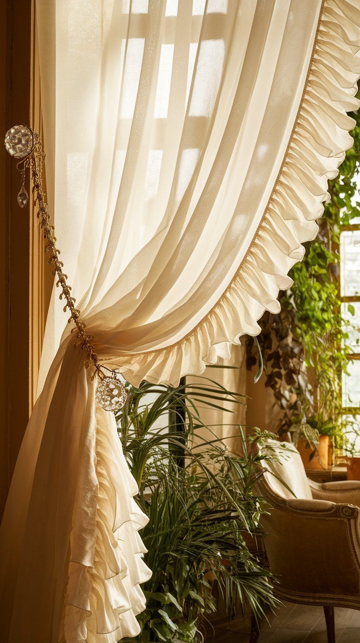 Sheer ruffled curtains tied back with a crystal-accented gold tassel let golden sunlight stream through the window. Lush indoor plants and a vintage armchair create a serene, garden-like corner.