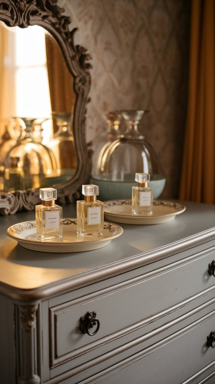 A soft gray vintage dresser topped with two ornate trays holding matching perfume bottles labeled “Savage” and “Summer.” An antique mirror reflects soft lighting and classic apothecary-style jars.