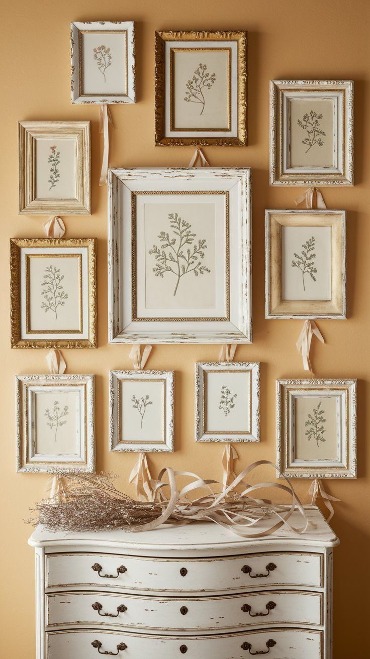 A cream-painted vintage dresser sits beneath a grid of framed botanical prints, each ribbon-hung against a warm mustard-yellow wall. Delicate dried florals and flowing satin ribbon add a whimsical, romantic touch.