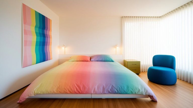 A modern minimalist bedroom with a rainbow gradient duvet and pillows, featuring a matching striped wall art, sleek lighting, a mustard-colored nightstand, and a bold cobalt blue accent chair against floor-to-ceiling sheer curtains.