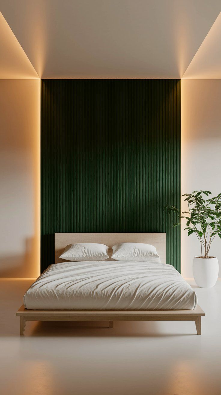 A sleek minimalist bedroom with a light wood platform bed and soft neutral bedding, set against a dramatic dark green vertical slat accent wall. Subtle indirect lighting frames the ceiling and corners, while a tall potted plant in a white planter adds a fresh, natural touch to the serene space.