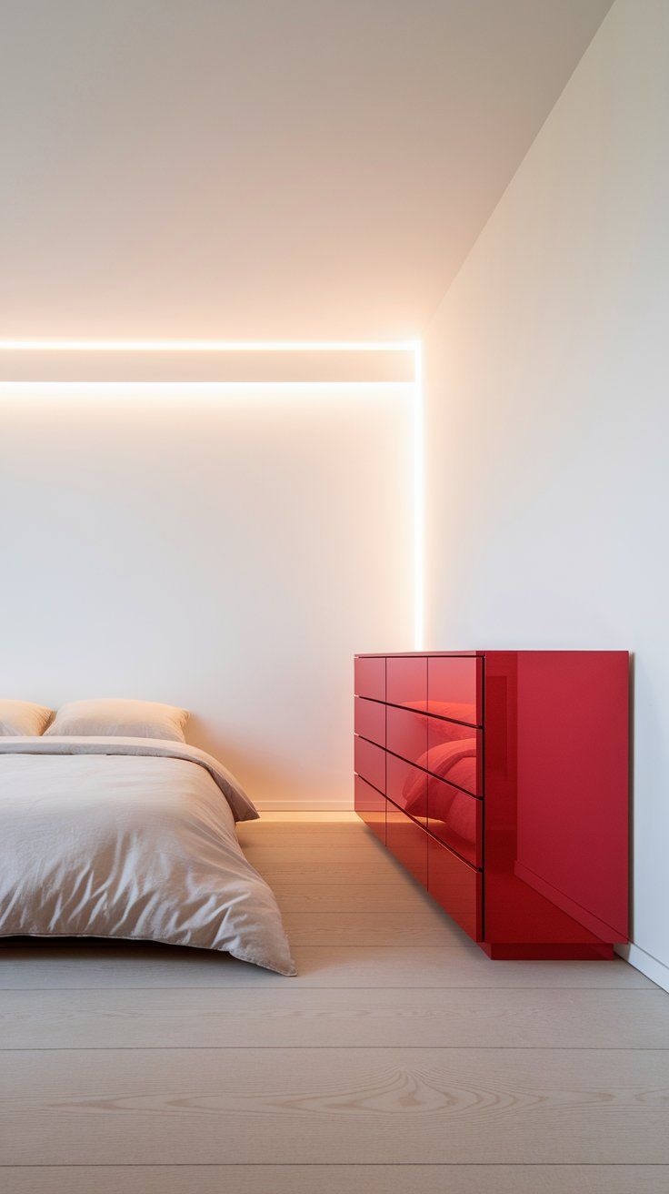 A sleek minimalist bedroom with soft beige bedding on a low platform bed, paired with a bold glossy red dresser that adds a vivid accent. The white wall features integrated LED strip lighting that wraps around the corner, casting a warm, modern glow across the pale wood floors.