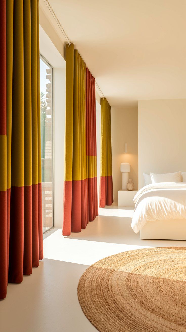A bright minimalist bedroom featuring bold floor-to-ceiling curtains in a two-tone color block of mustard yellow and burnt orange. The room includes a crisp white platform bed, a modern white nightstand with sculptural decor, and a large circular woven rug that adds texture and warmth to the sunlit space.