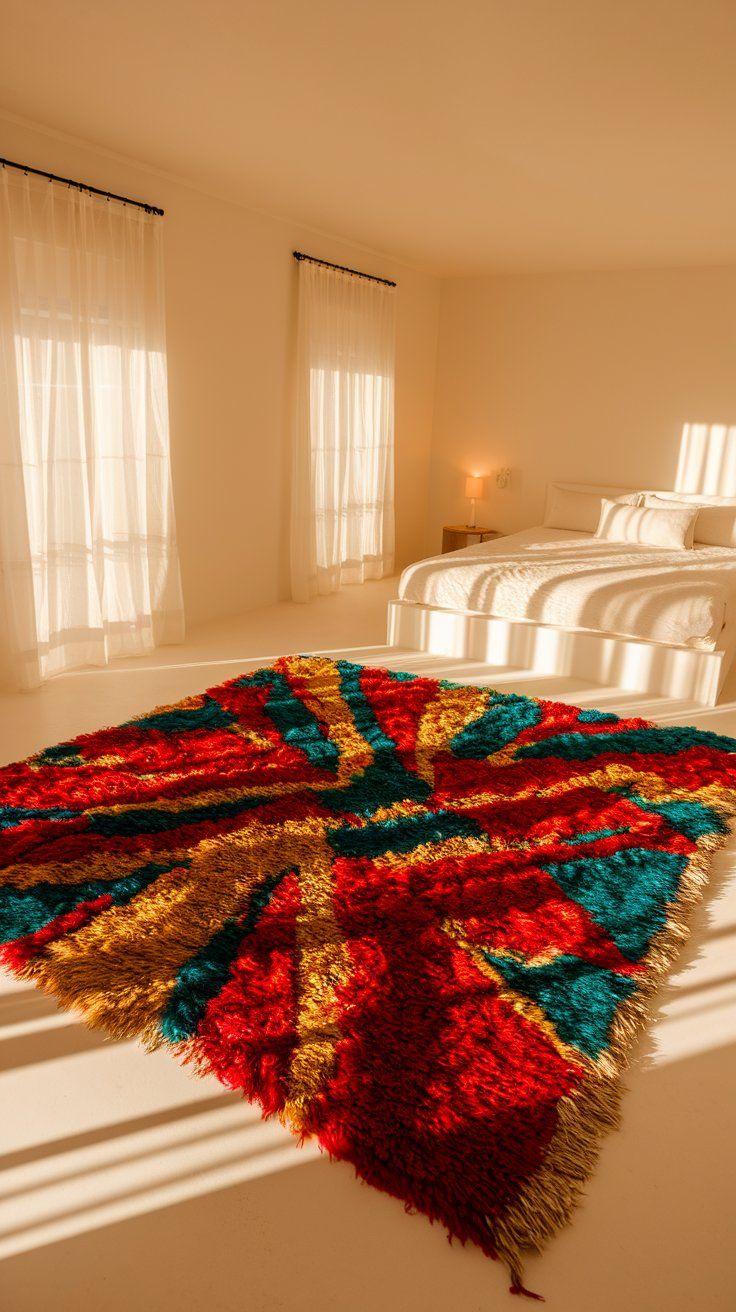 A bright and airy minimalist bedroom with sheer white curtains, white walls, and a low-profile white bed, softly illuminated by golden sunlight. The standout feature is a bold, shaggy area rug in the center of the room, featuring an abstract Union Jack-inspired design in vibrant red, teal, and gold tones that adds a burst of color and texture to the clean space.