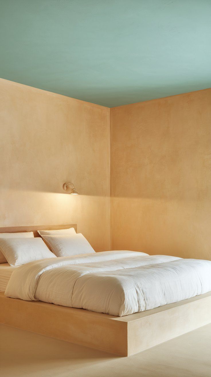 A serene minimalist bedroom featuring a platform bed with crisp white bedding set against warm, peach-toned plaster walls. A single wall-mounted reading light adds subtle functionality, while the muted teal ceiling introduces a soft pop of color in this tranquil, design-forward space.