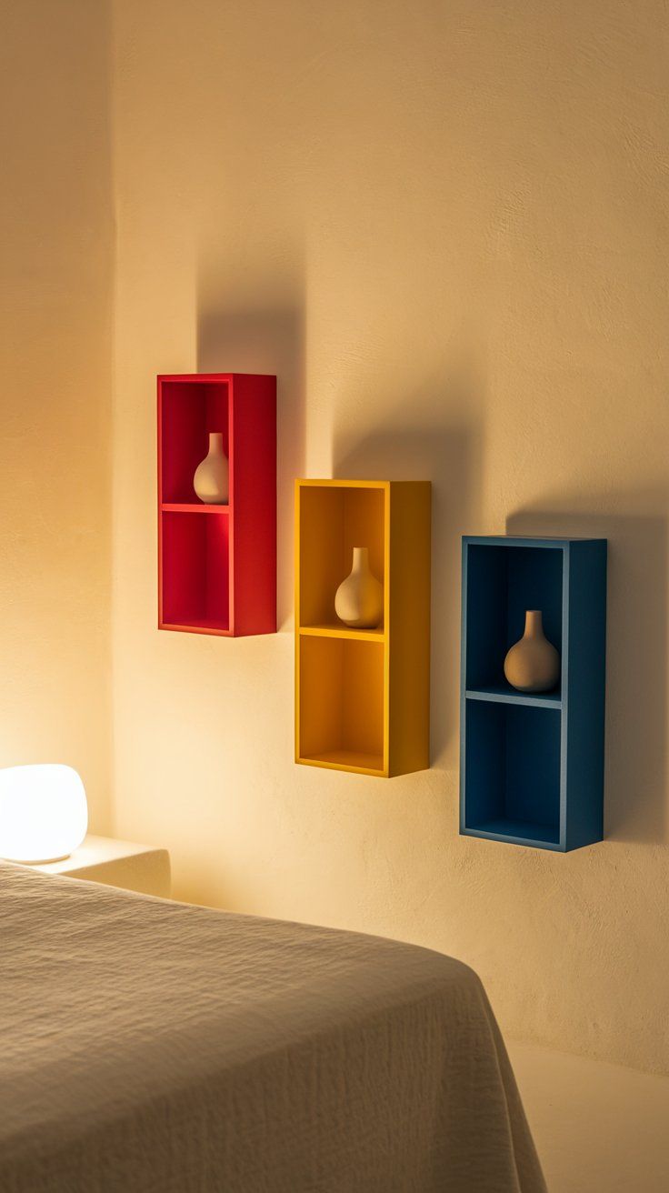 A minimalist bedroom corner featuring three vibrant wall-mounted box shelves in red, yellow, and blue, each holding a small, matte white vase. The space is softly lit by a glowing orb lamp on a bedside table, casting warm shadows against the neutral-toned textured wall.