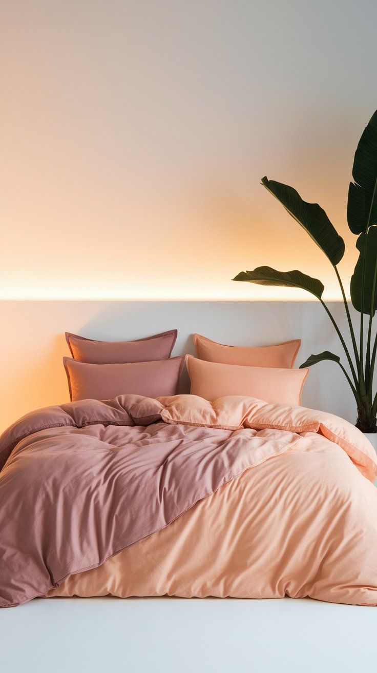 A soft and modern bedroom setup featuring a plush bed dressed in a peach and mauve color-blocked duvet with matching pillows. Warm LED strip lighting behind the headboard casts a cozy glow on the white wall, and a tall leafy plant adds a fresh, natural accent to the minimalist space.