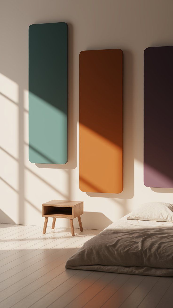 A minimalist bedroom with a low beige futon-style bed on pale wooden floors, bathed in natural sunlight. The wall features three large vertical panels in teal, burnt orange, and deep plum, adding bold color to the neutral space. A small wooden nightstand with angled legs sits beside the bed, enhancing the room’s simple, modern aesthetic.