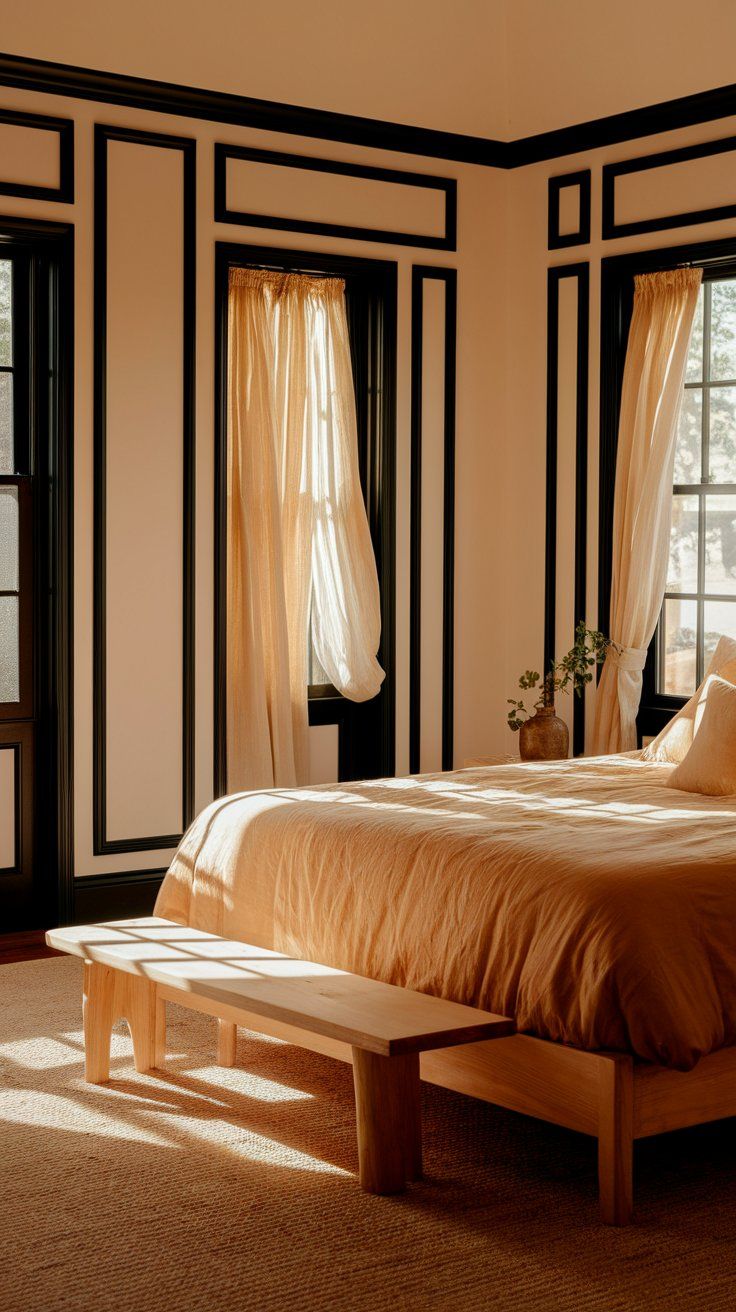 A cozy, sunlit bedroom featuring a minimalist wooden bed frame and matching bench at the foot of the bed, both in a natural finish. The walls are striking with bold black trim framing the soft beige panels, while sheer beige curtains gently filter in the warm light, casting soft shadows across the textured jute rug.