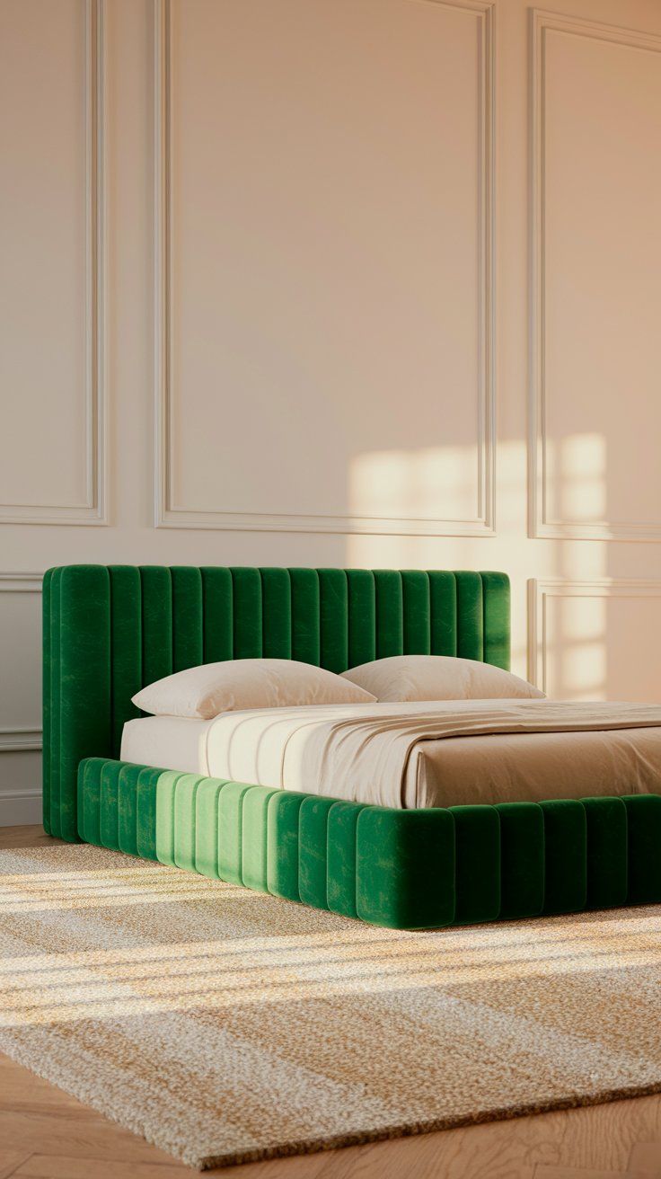A modern bedroom featuring a plush emerald green velvet bed frame with vertical channel tufting on the headboard and footboard. The bed is dressed in neutral beige bedding, and warm sunlight streams in across a beige and cream textured area rug, highlighting the minimalist yet elegant wall paneling.
