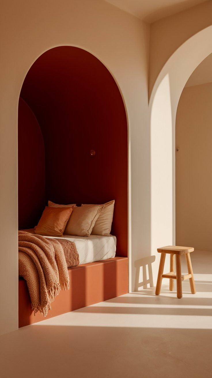 Minimalist bedroom nook with a built-in terracotta alcove bed framed by smooth arches and bathed in natural light. The space features neutral and burnt orange tones, soft throw blankets, and a simple wooden stool for a cozy, architectural vibe.