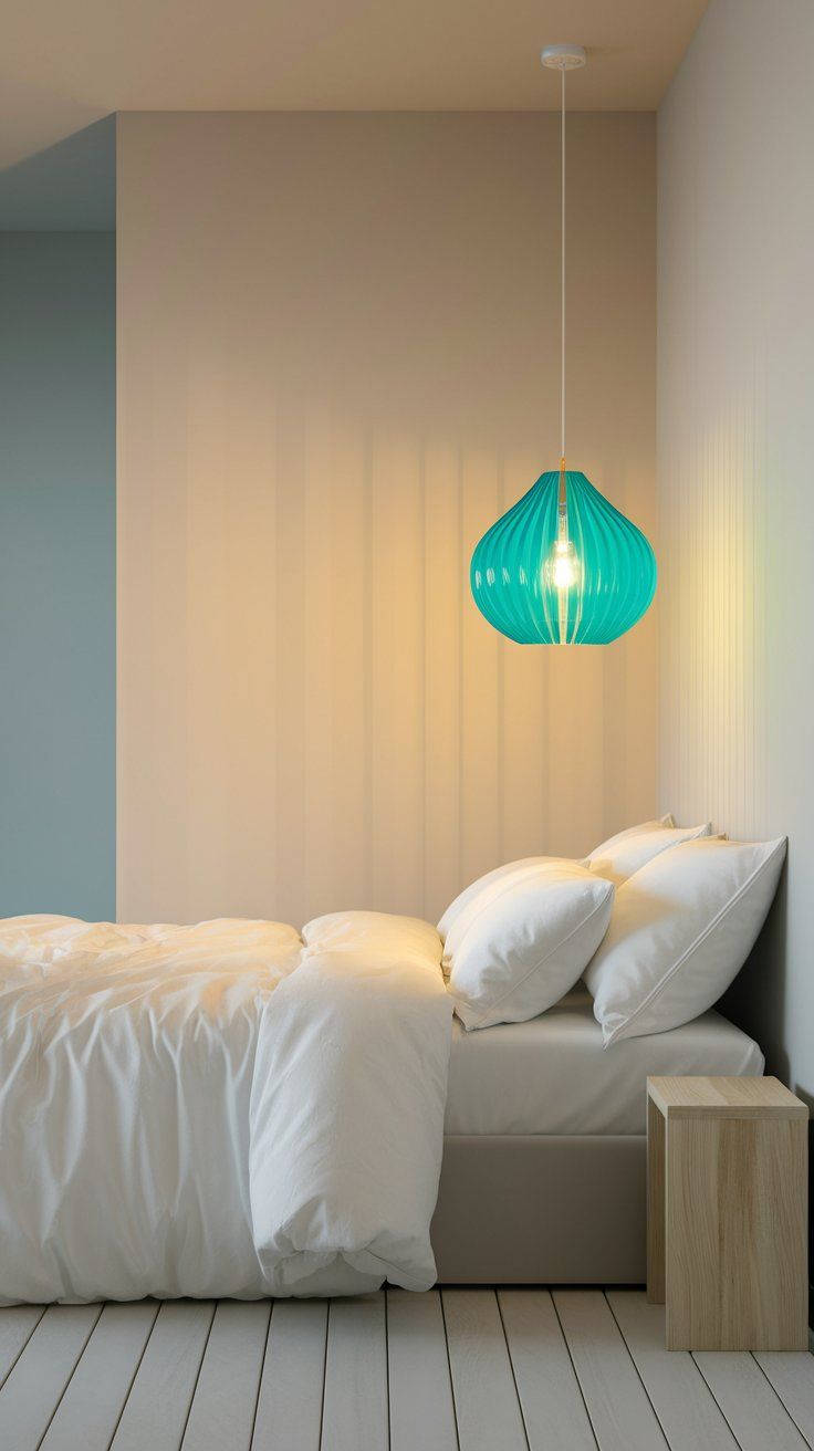 Minimalist bedroom with crisp white bedding and a light wood nightstand, accented by a vibrant turquoise pendant lamp that adds a playful pop of color. The soft gradient wall and pale wood flooring enhance the calm, airy feel of the space.