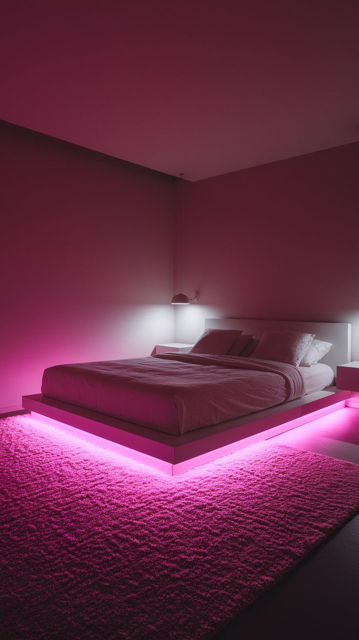 A sleek minimalist bedroom features a platform bed with soft white bedding and dramatic pink LED lights glowing from underneath. The pink hue extends across a plush rug, casting a vibrant, futuristic ambiance throughout the otherwise neutral space.