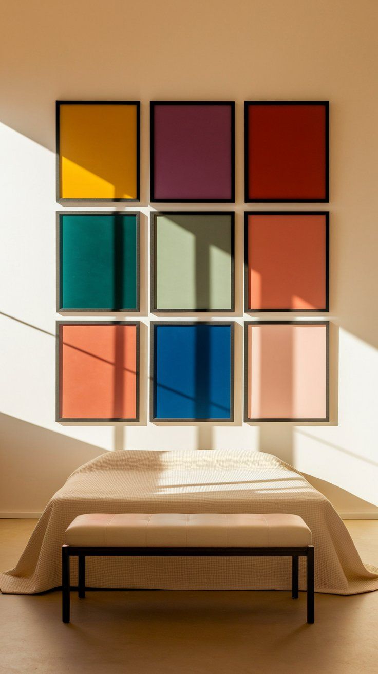 A minimalist bedroom features a neutral-toned bed and bench beneath a bold grid of nine colorful framed rectangles, each in a solid hue like mustard yellow, teal, plum, and coral. Natural light streams in, casting striking shadows that enhance the geometric aesthetic.