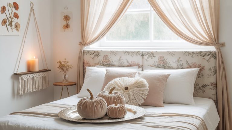 Cozy, feminine bedroom decorated with soft beige and cream tones, featuring a floral-patterned headboard, layered pillows, and a silver tray of plush velvet pumpkins. Sheer curtains drape around a bright window, while botanical wall art, a candle on a macramé shelf, and dried flowers on a side table complete the DIY autumn-inspired decor.