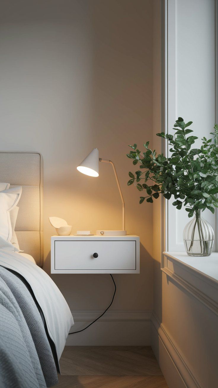 A cozy bedroom corner featuring a floating white nightstand with a modern white lamp, soft ambient lighting, and a glass vase of fresh greenery by a large window. The minimal decor adds warmth and functionality to a small space.