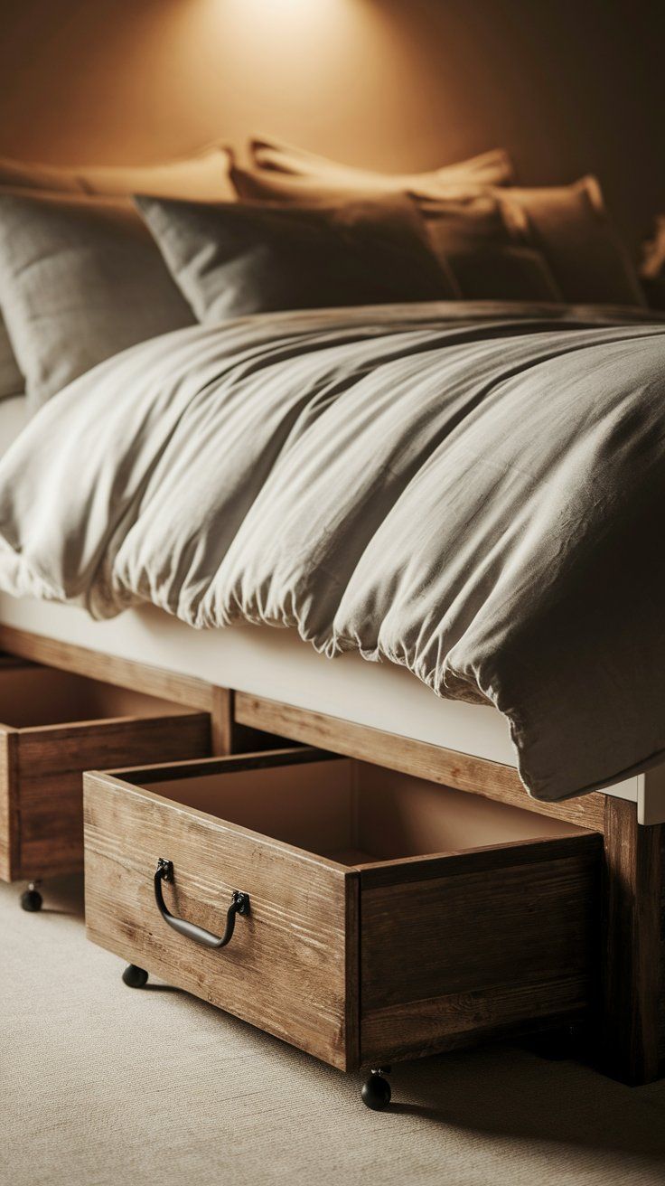 A warm-toned bed with soft beige bedding and rustic wooden under-bed drawers on casters, providing practical storage without sacrificing style. The earthy textures and lighting create a relaxed, inviting atmosphere.