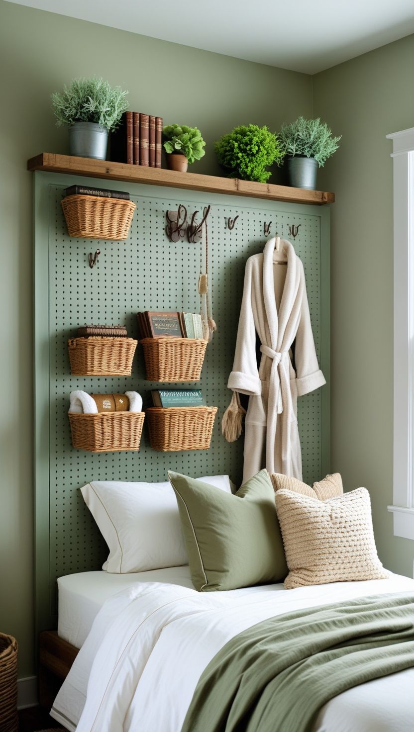 A green pegboard wall above a bed, creatively outfitted with wicker baskets holding books and rolled towels, plus hooks for hanging a cozy robe. A wooden shelf above displays potted plants and books, blending decor and storage seamlessly.