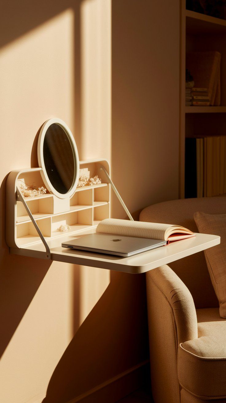 Compact fold-down vanity or desk mounted on a peach-colored wall, bathed in soft afternoon light. It features a round mirror, open storage cubbies with dried florals, and a surface holding a closed laptop and open book—perfect for multi-use in small bedrooms.