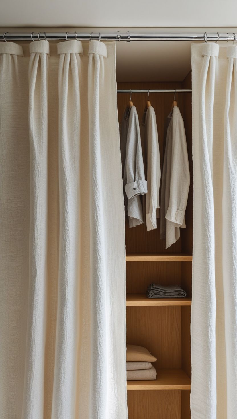 Minimalist open closet with soft cream fabric curtains and wooden shelving neatly stacked with neutral-toned folded clothes and shirts hanging on wooden hangers. A clean, natural look that maximizes space while staying stylish.
