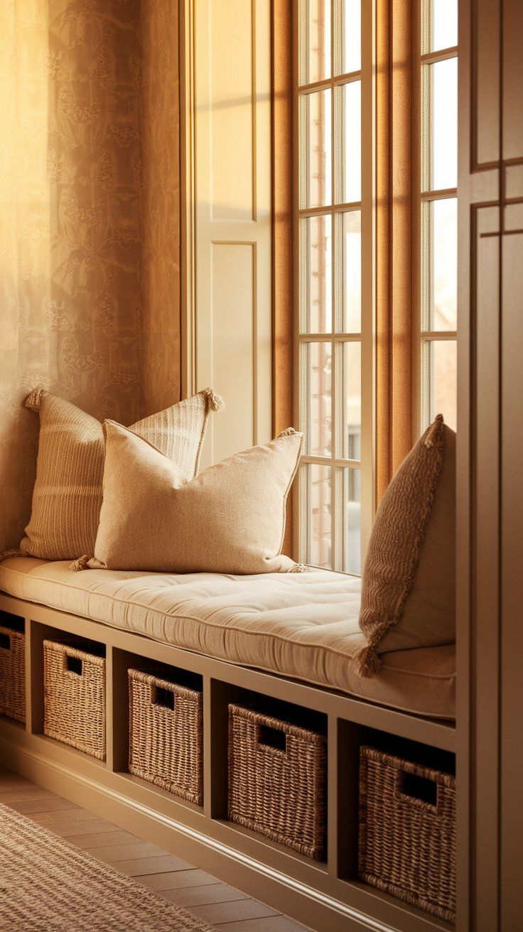 Built-in window bench seat with plush beige cushions and throw pillows, lit by soft golden sunlight. Below the bench are six cubbies with woven wicker baskets for hidden storage.