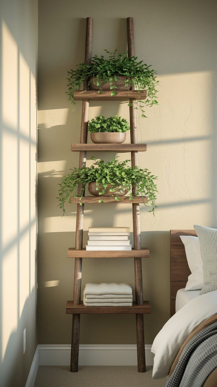 Rustic wooden ladder-style shelf leaning against a sage green wall, holding potted greenery, folded linens, and a small stack of books. Positioned next to a bed in a bright, airy bedroom.