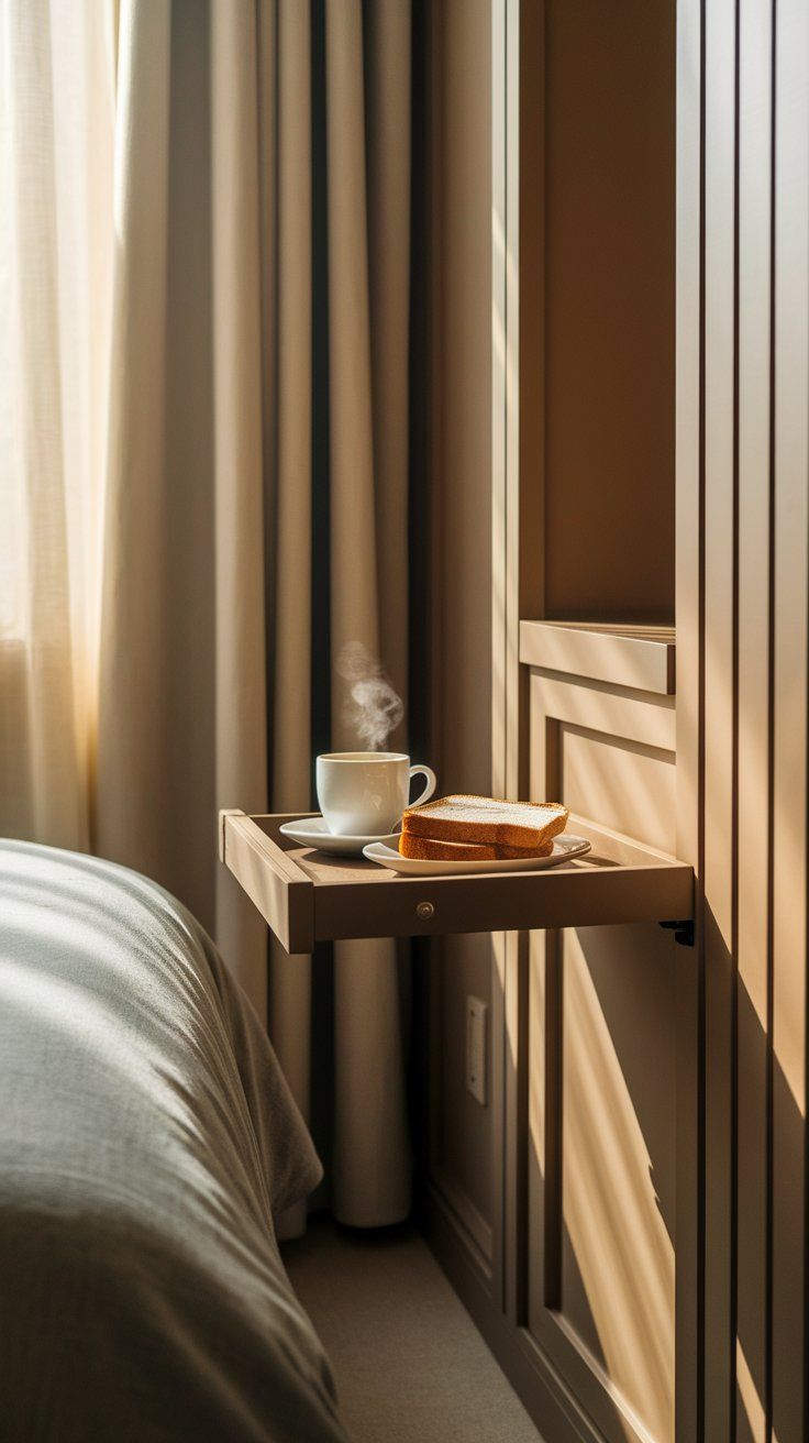 A slim pull-out tray mounted beside a bed, holding a steaming white mug and a plate with toast, lit beautifully by morning sun. A compact and clever breakfast nook built right into the furniture.