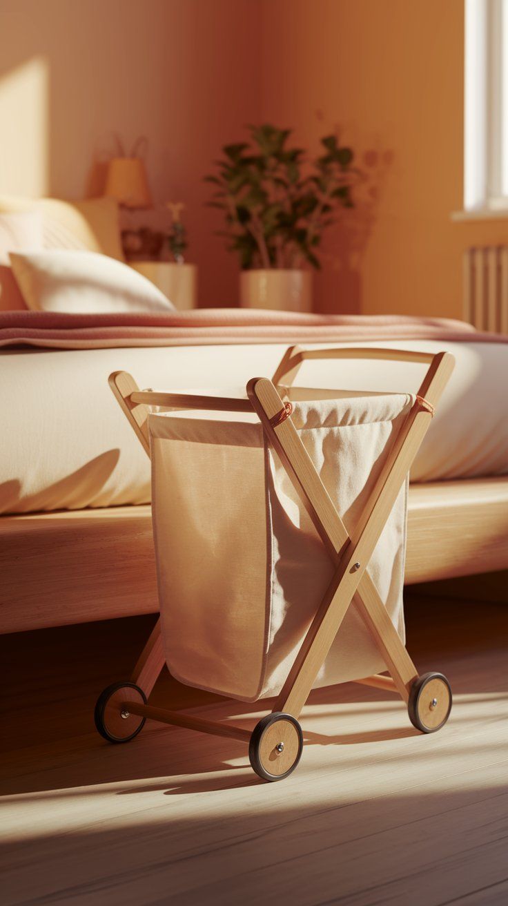 Lightweight wooden laundry hamper with fabric lining and black wheels, placed next to a modern low-profile bed in a peach-toned room. The warm lighting highlights the soft, minimalist decor.
