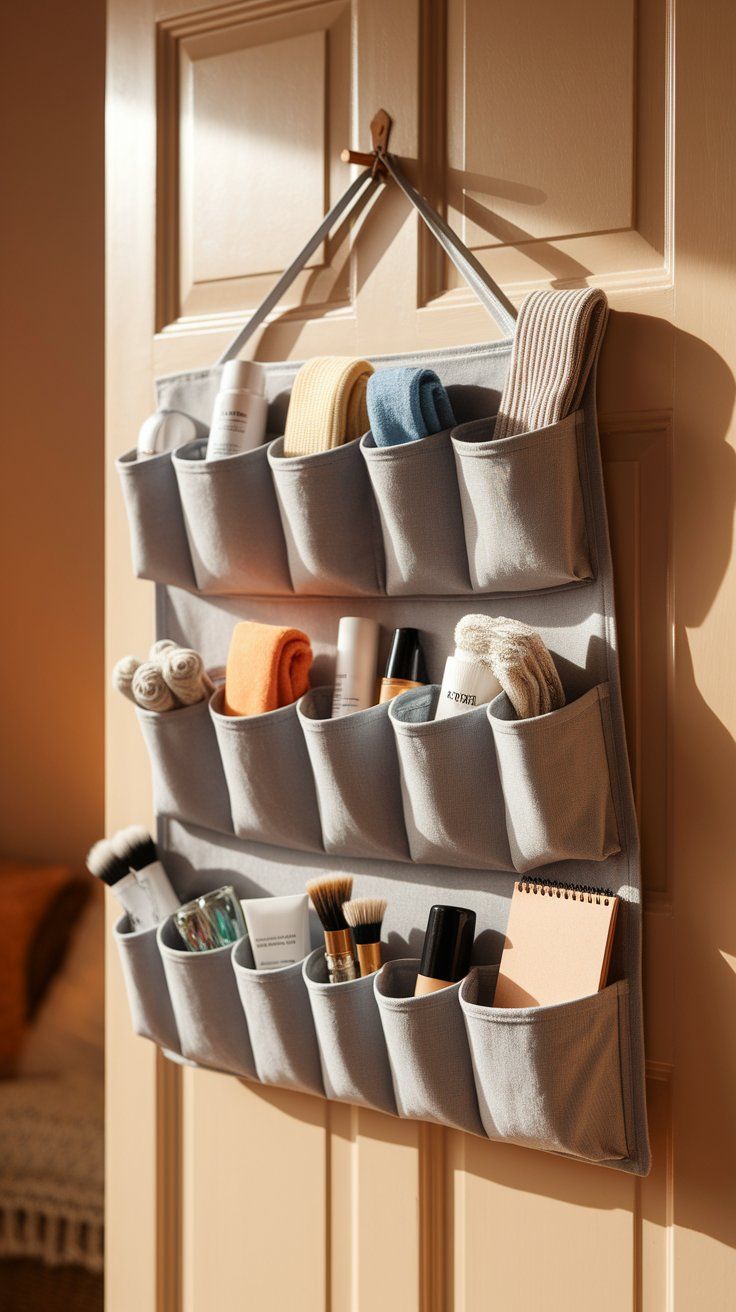 Over-the-door gray fabric organizer with multiple pockets holding rolled towels, bottles, brushes, a notepad, and various grooming items. It’s an efficient storage hack catching warm sunlight in a tidy room.