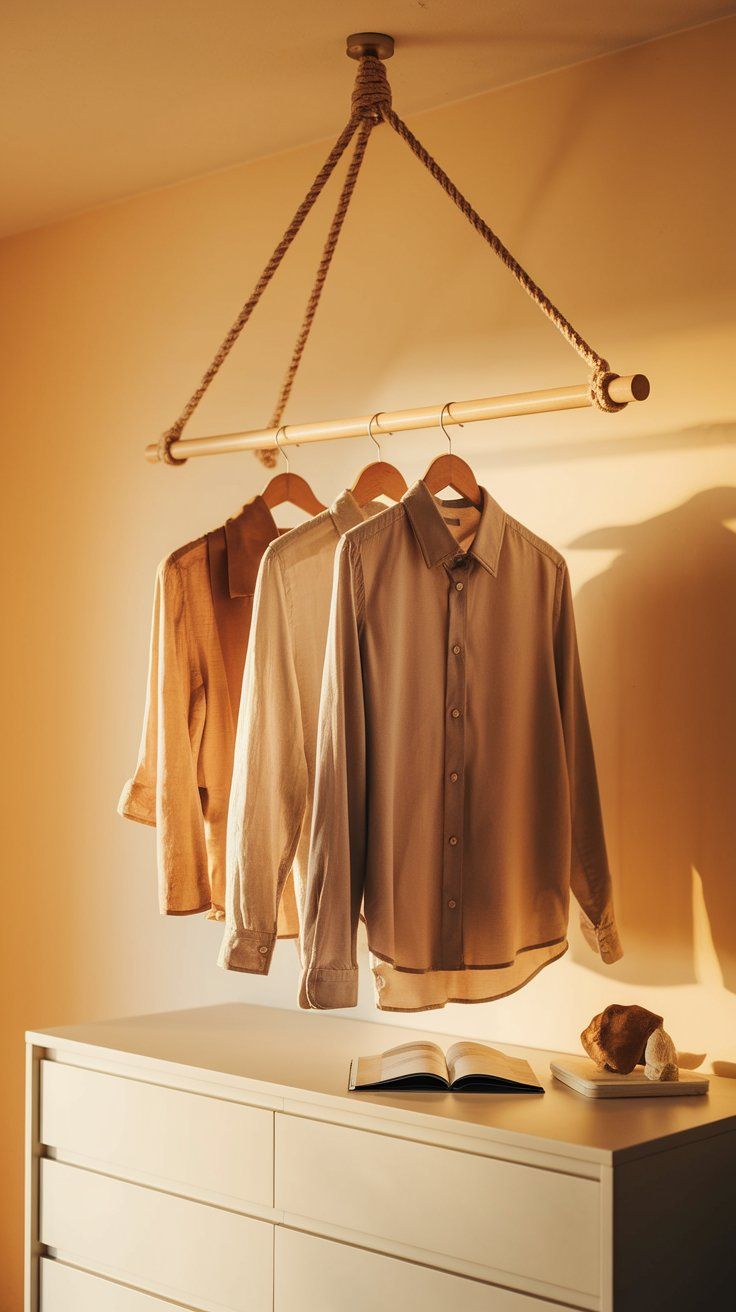 Minimalist hanging clothes rail suspended by thick rope from the ceiling, with neutral-toned shirts on wooden hangers above a light-colored dresser. An open book and decorative objects rest on top, with soft lighting setting a serene mood.