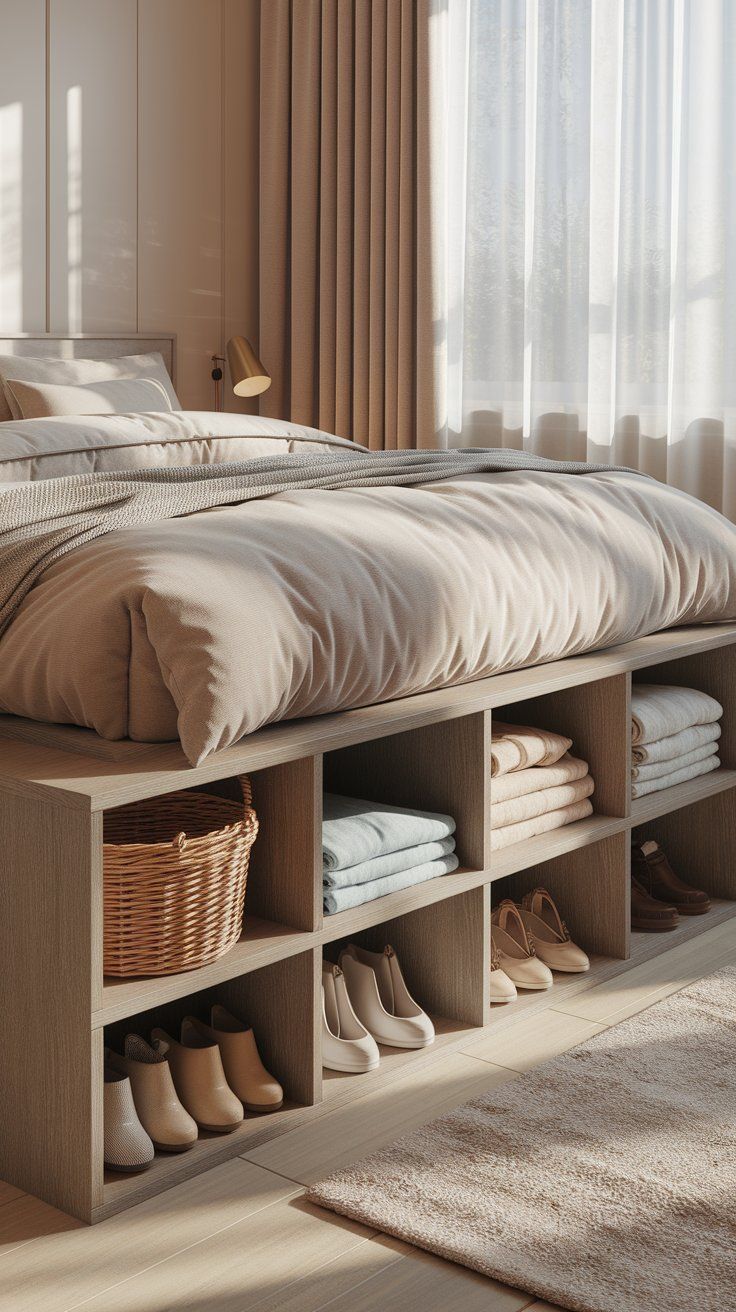 A platform bed with built-in cubby shelves at the foot, neatly holding shoes, folded towels, and a wicker basket. Neutral bedding and soft drapes complete this well-organized, small bedroom setup.
