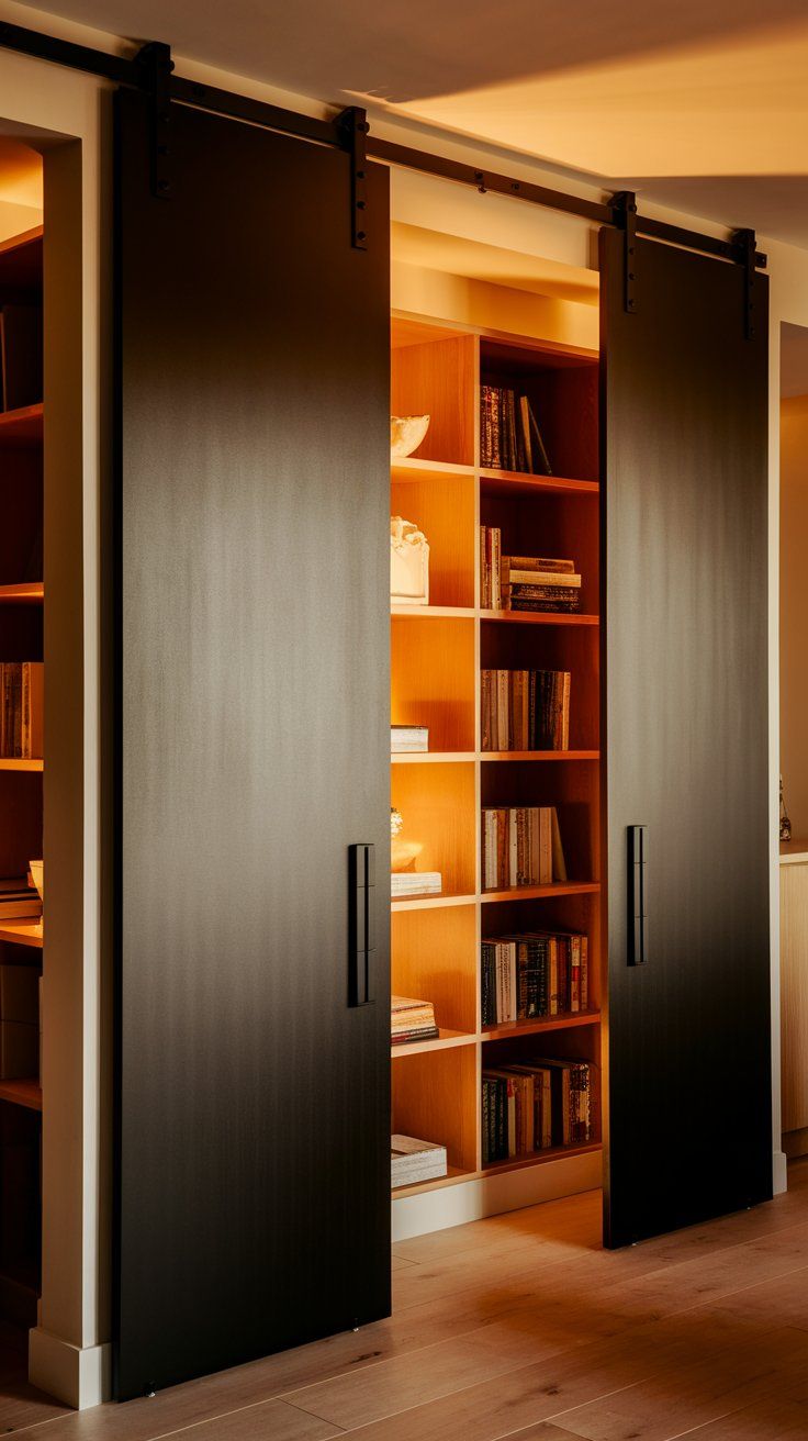 Warm-toned built-in bookshelf concealed behind two large black sliding barn doors, partially open to reveal neatly arranged books and decorative pieces. A space-saving solution that doubles as a striking design element.