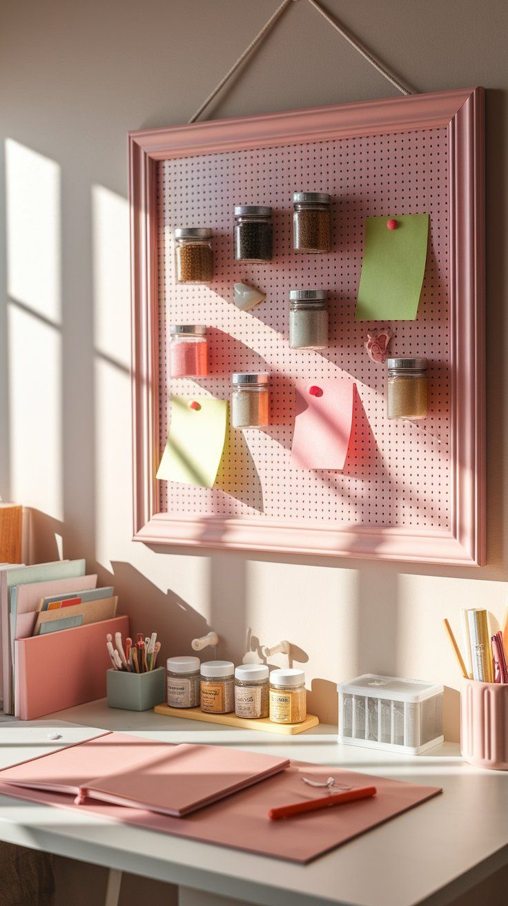 Blush-pink framed pegboard above a crafting desk, decorated with colorful sticky notes and small jars holding glitter or beads. Below sits an array of craft supplies, notebooks, and containers neatly arranged on a white desk in bright daylight.