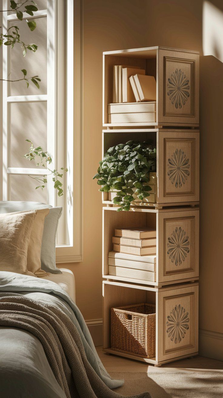 Light wood cube shelving unit stacked vertically by a bedroom window, with decorative panels, books, a wicker basket, and a trailing green plant. Soft natural light enhances the cozy, organized corner.