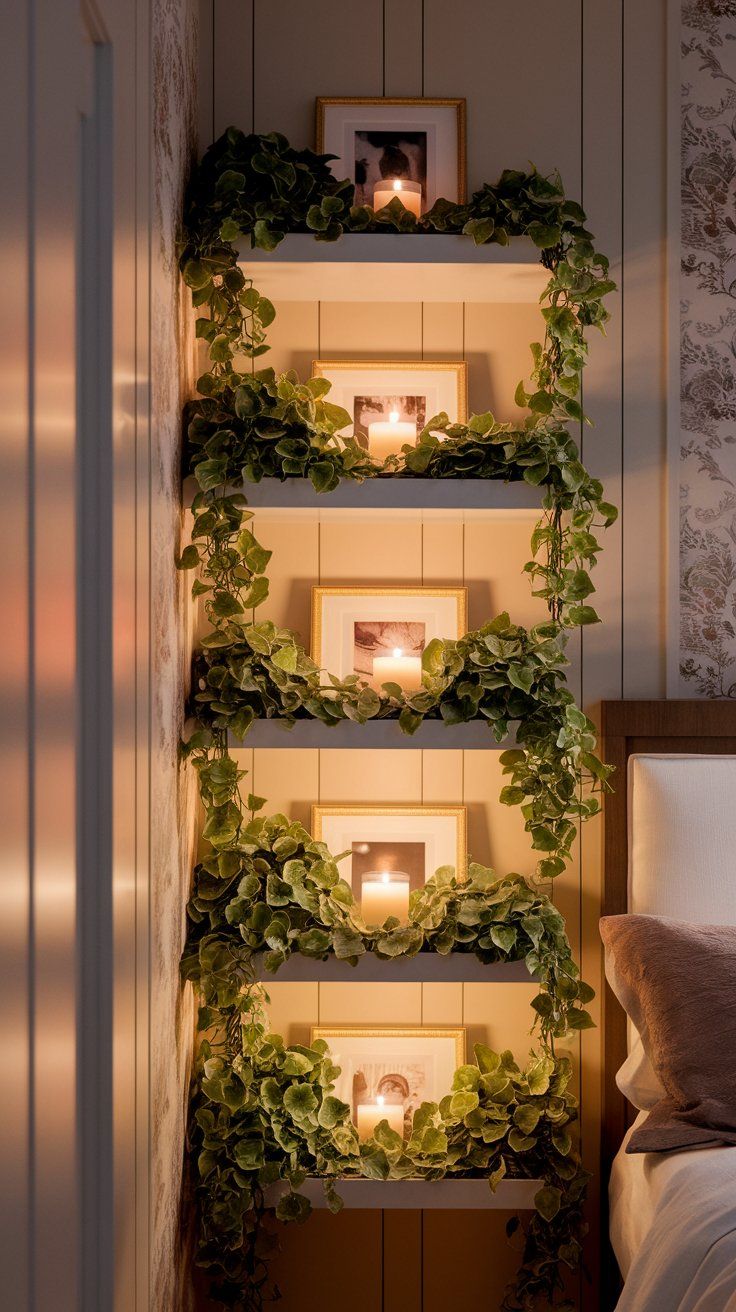 Narrow wall shelf unit next to a bed, styled with framed photos, small candles, and lush trailing vines for a cozy, romantic glow. The shelves are symmetrically styled for visual harmony.