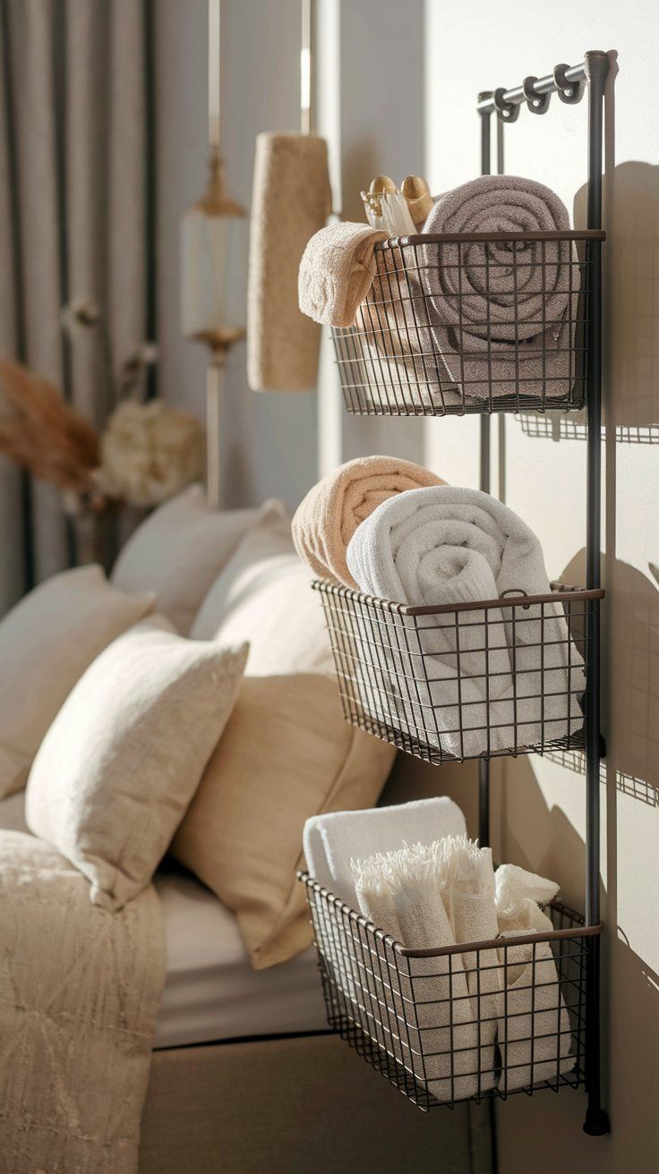 Trio of black metal wire baskets mounted vertically beside a bed, neatly storing rolled towels and bath accessories. A clever storage solution in a soft, sunlit neutral-toned room.