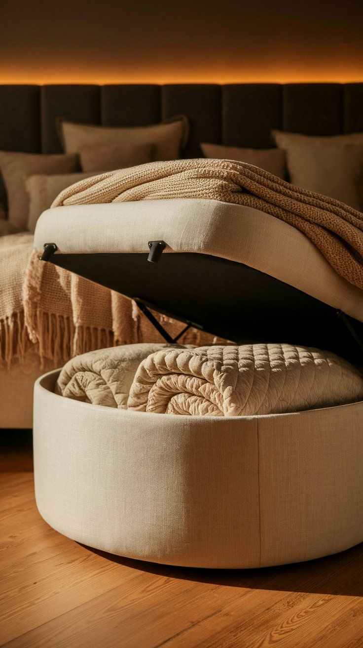 Beige upholstered round ottoman with a lift-up lid, storing a quilted blanket inside. Placed at the foot of a bed in a dimly lit room with a cozy, warm-toned vibe.
