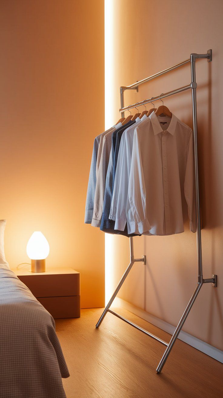 Sleek metal garment rack beside a bed, holding neatly spaced shirts on wooden hangers. The scene is softly lit by a modern bedside lamp, perfect for open closet storage in a small bedroom.