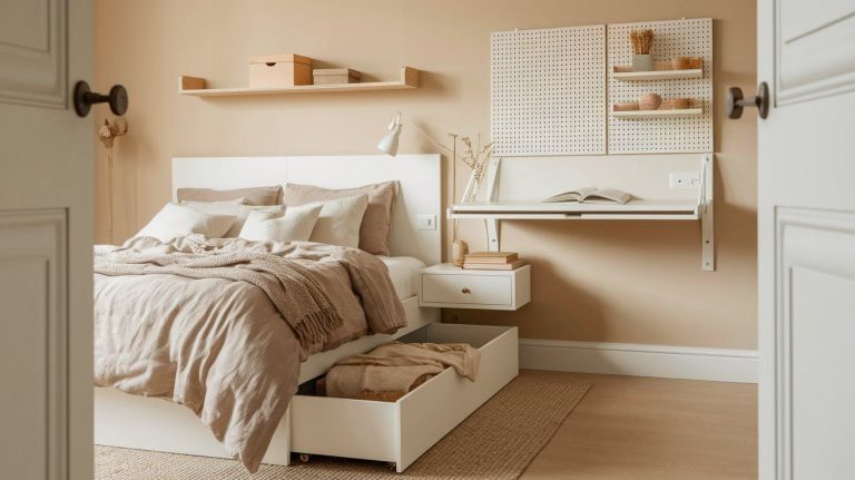 Neutral-toned bedroom with a minimalist design, featuring a white bed with beige and taupe bedding, under-bed storage drawer partially open, and a wall-mounted desk with pegboards above it holding small decorative items. A floating shelf above the bed displays simple storage boxes, complementing the cozy, organized aesthetic ideal for small spaces.