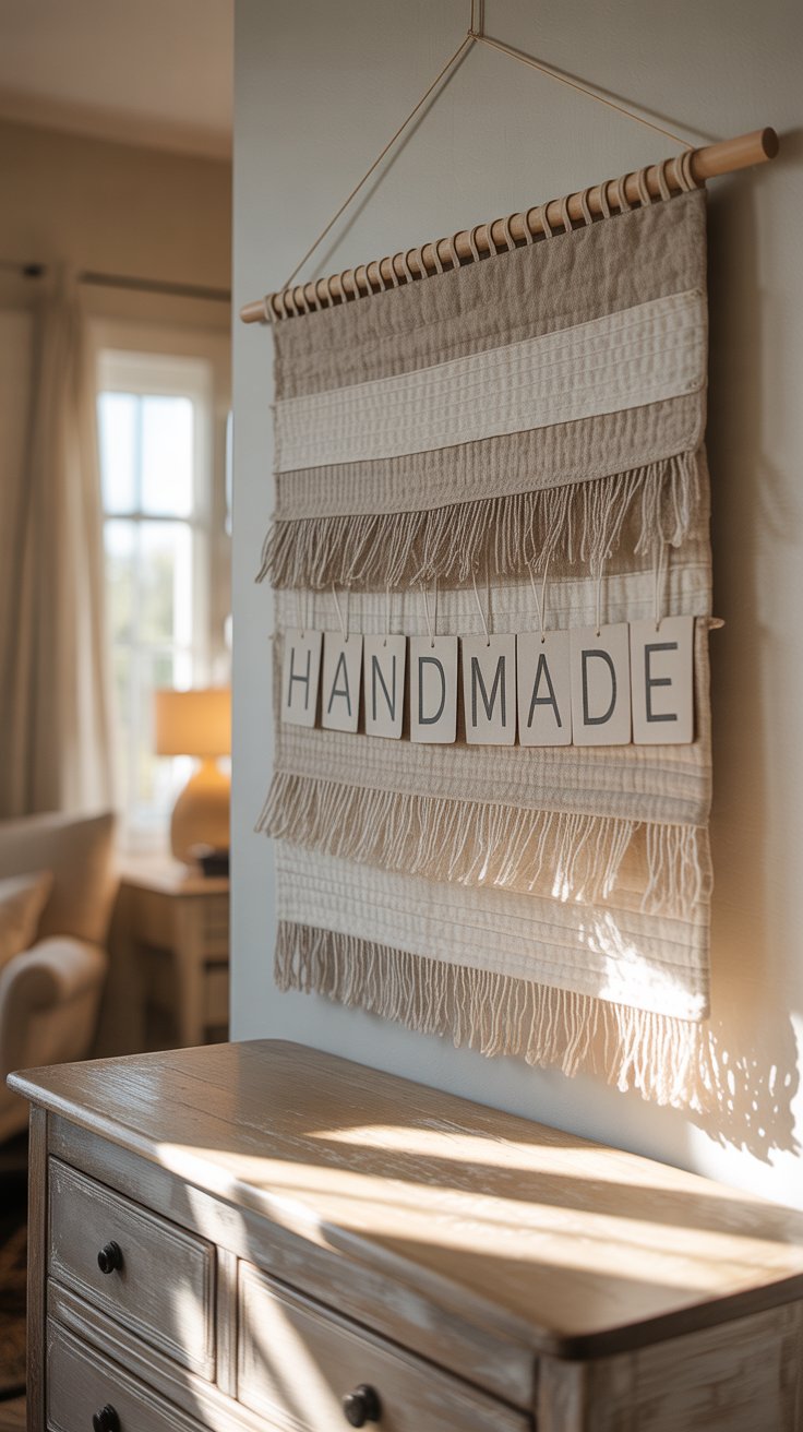 A cozy wall hanging made from layered neutral-toned scrap fabrics with fringe, suspended from a wooden dowel by a leather cord. Attached tags spell out the word “HANDMADE,” emphasizing the piece’s artisanal charm, while soft natural light filters into the inviting, rustic-inspired room.