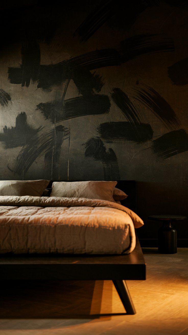 A moody, modern bedroom with all-black walls and a platform bed, illuminated by warm recessed lighting along the ceiling and floor. A sculptural white pendant light hangs above the minimalist nightstand, enhancing the dramatic contrast.