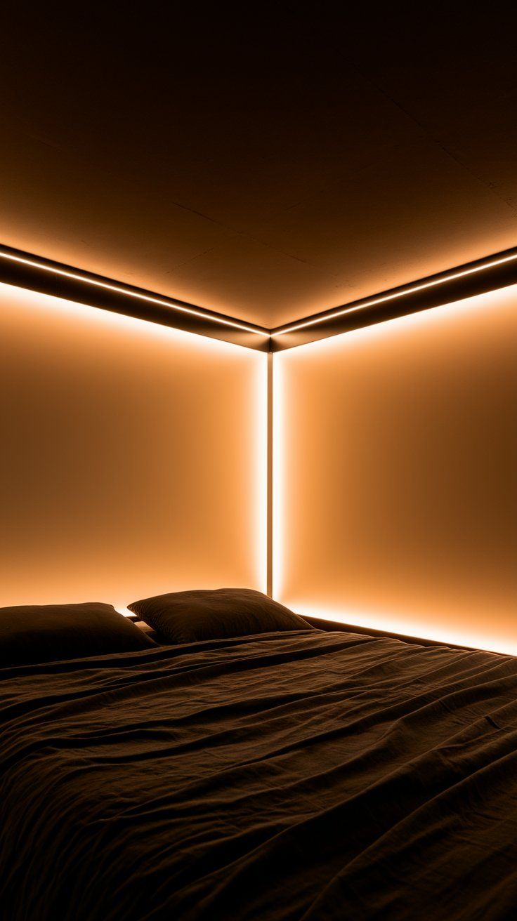 A contemporary bedroom bathed in amber glow from seamless LED strip lighting embedded in the walls and ceiling corners. The minimal bed with black linens appears to float in the warm, atmospheric lighting.