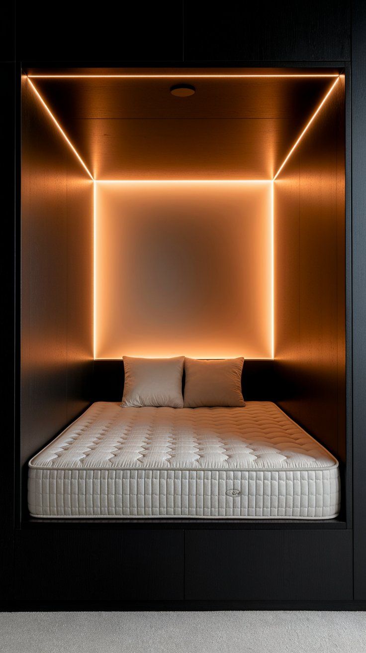 A cube-like black bedroom nook with integrated orange LED lighting outlining the bed’s alcove. A simple white mattress and two pillows rest inside, creating a futuristic, geometric vibe.