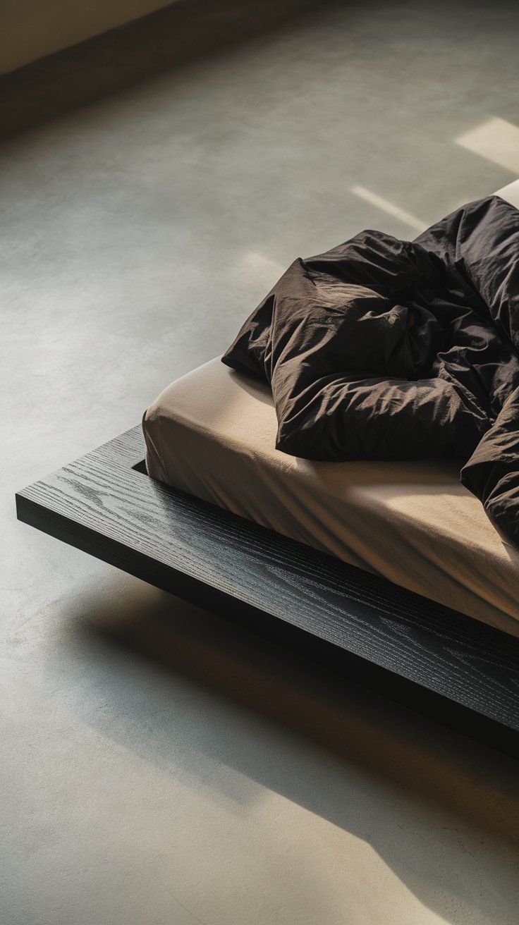 A modern minimalist bed with a black wood platform, beige fitted sheet, and black duvet, bathed in natural light on a smooth concrete floor.